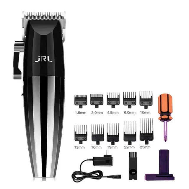 A professional electric hair trimmer kit showing a black grooming device, accessories, and a power cord.