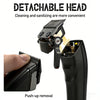 A black rotary hair clipper with a detachable head shown in various states of use and removal.