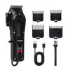 Un cortador de pelo eléctrico vintage negro con múltiples accesorios y un enchufe separado.