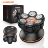 حلاقة لحية كهربائية MAXGROOM 7D دوارة سوداء مع رؤوس متعددة، معروضة على صندوق ووحدة مستقلة.