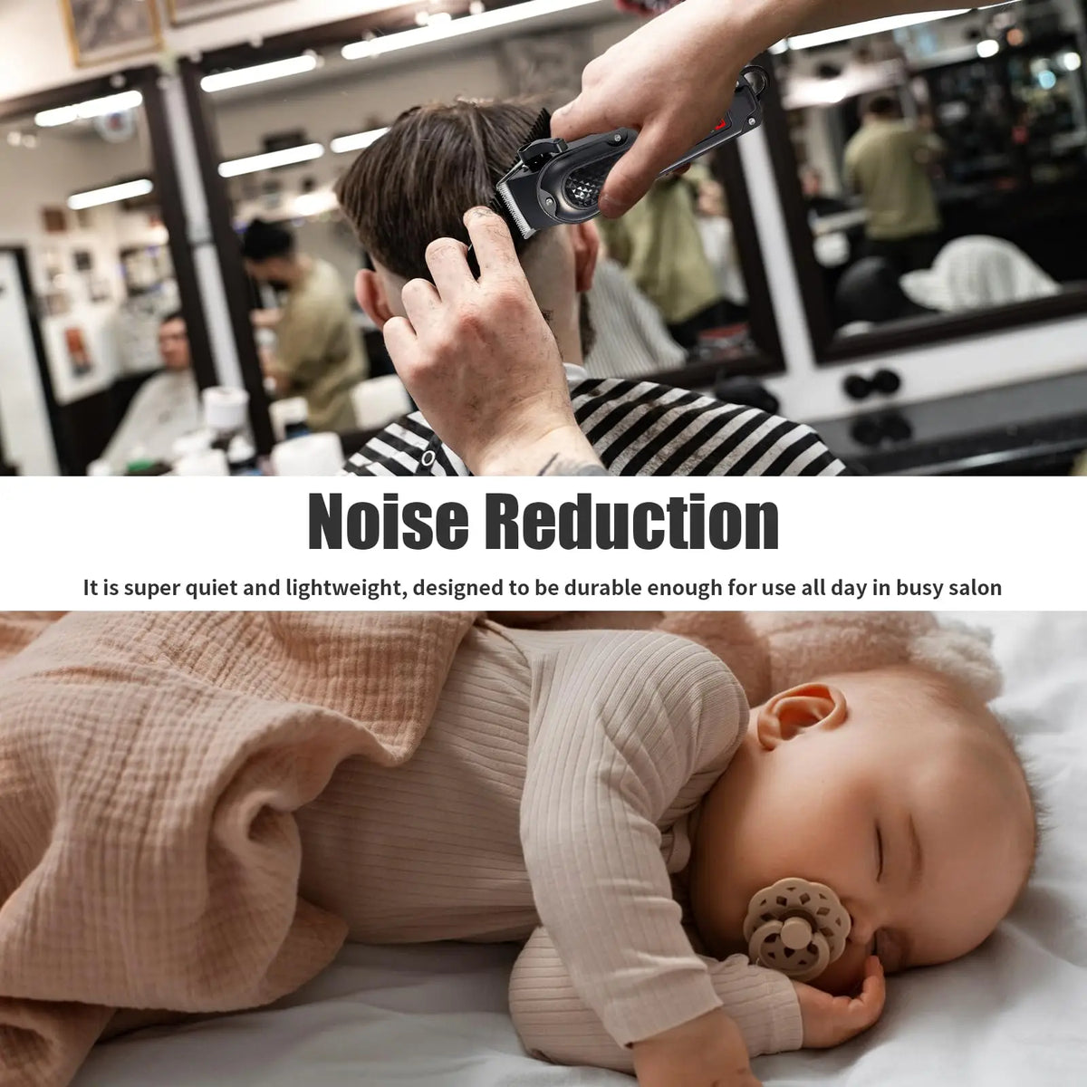 A baby is sleeping peacefully with a hair clipper product placed near their ear.