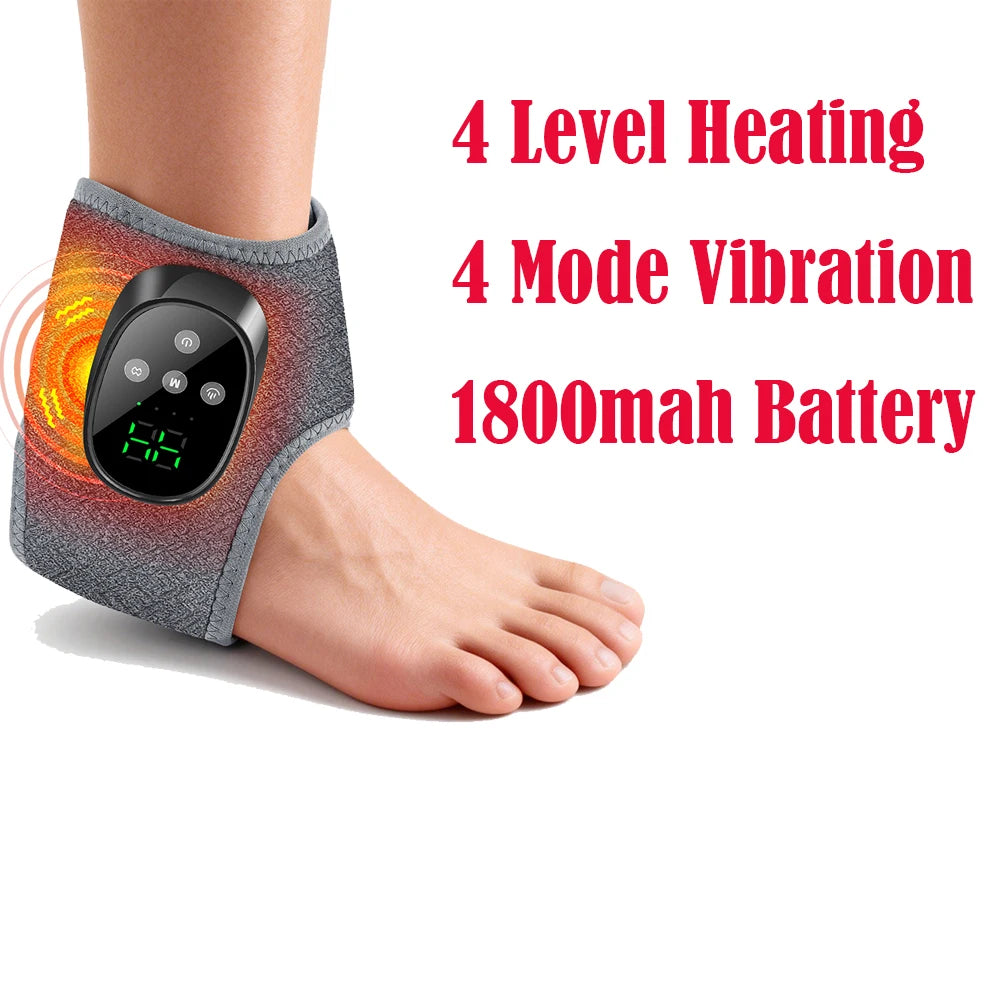 A person's foot is shown wearing a gray heating and vibration massager device.