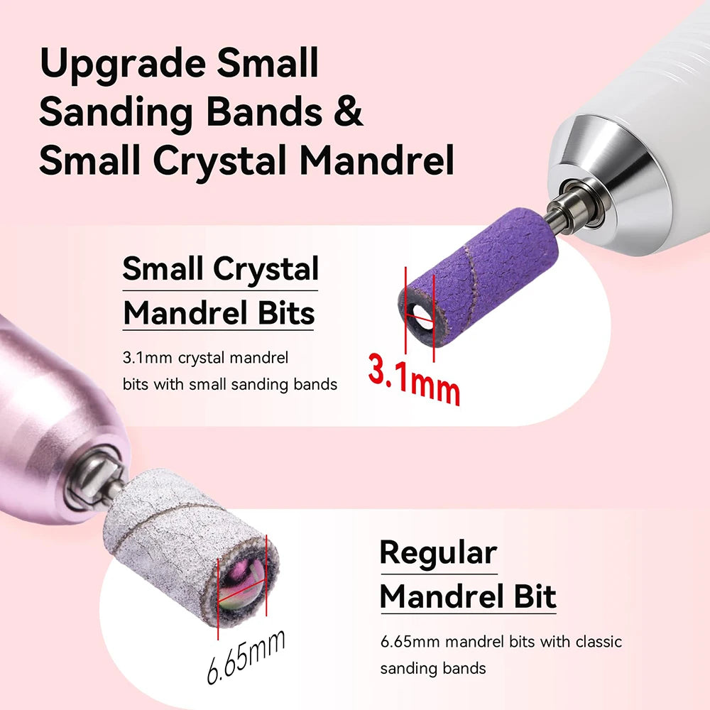 A set of sanding bands and mandrels for nail drills, showing a small crystal mandrel bit and a regular mandrel bit.