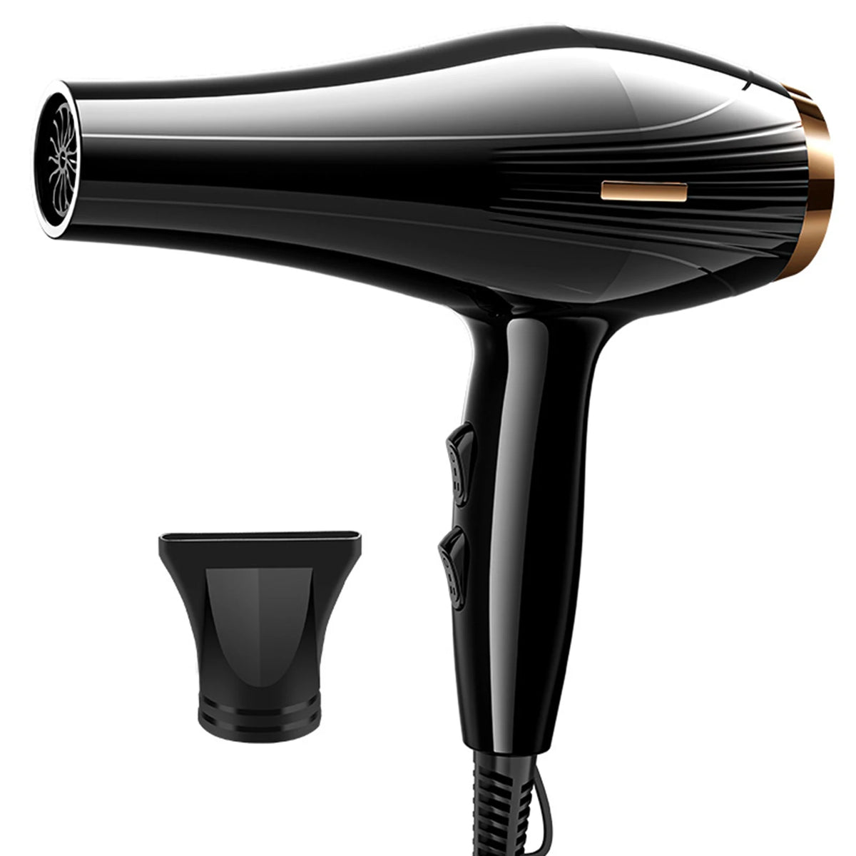 Schwarzer professioneller Föhn mit elegantem Design und abnehmbarem Düsenaufsatz.