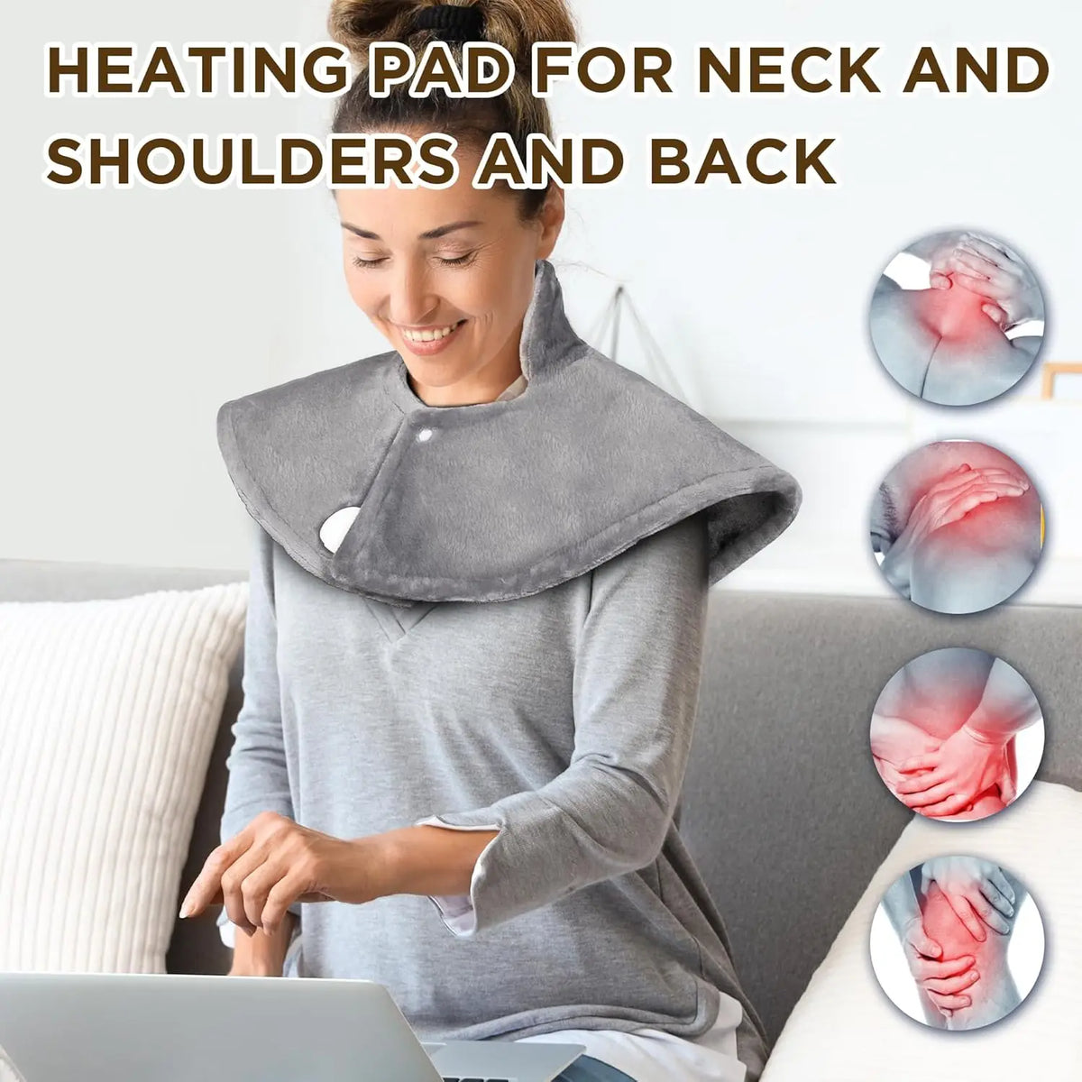 A woman is using a gray electric heating pad for neck and shoulders and back massage.