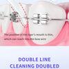 A close-up of a dental floss stick being used to clean around braces wires on a tooth.