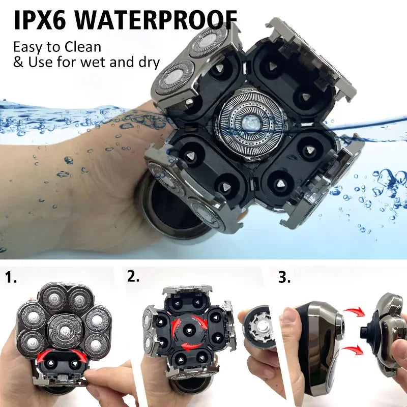 A grooming kit with six rotating heads is shown being used for cleaning and wet/dry functions.