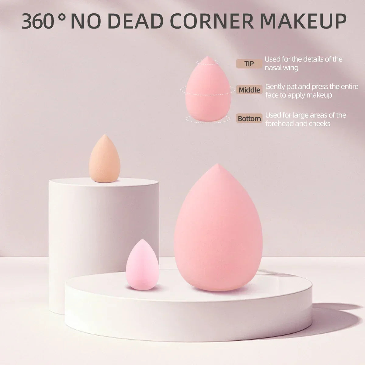 A set of three pink makeup sponges used for various facial areas like the nasal wing, forehead, and cheeks.