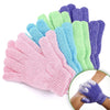 A collection of double-sided exfoliating bath gloves in various pastel colors, including pink, blue, green, and purple.