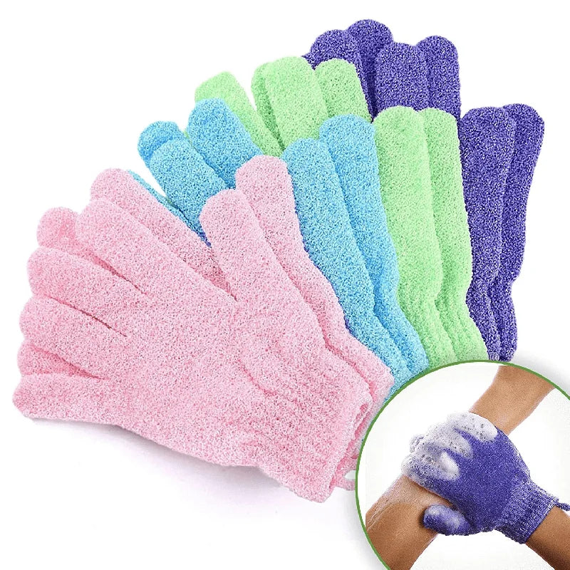 A collection of double-sided exfoliating bath gloves in various pastel colors, including pink, blue, green, and purple.