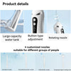 Professional rechargeable oral irrigator with a large water tank, button type adjustment, and rotating nozzles for dental cle