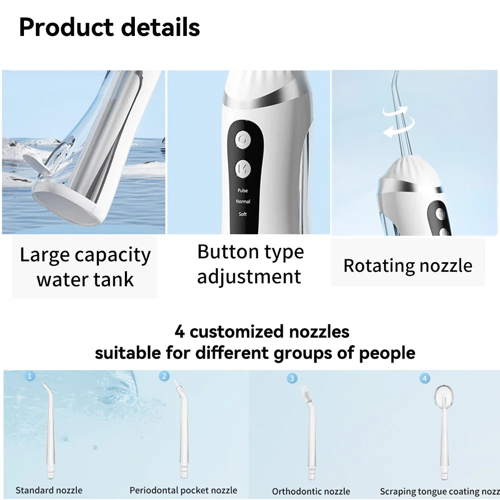 Professional rechargeable oral irrigator with a large water tank, button type adjustment, and rotating nozzles for dental cle