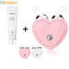 A pink microcurrent facial lifting roller massager device with two heart-shaped electrodes and a tube of moisturizing gel.