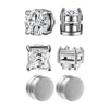 A set of 6mm crystal magnetic stud earrings for men shown in various styles and packaging.