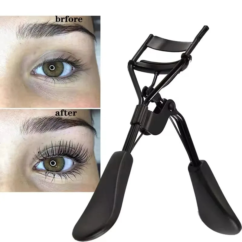 Un set de recourbe-cils en acier inoxydable noir, avant et après utilisation sur un œil.