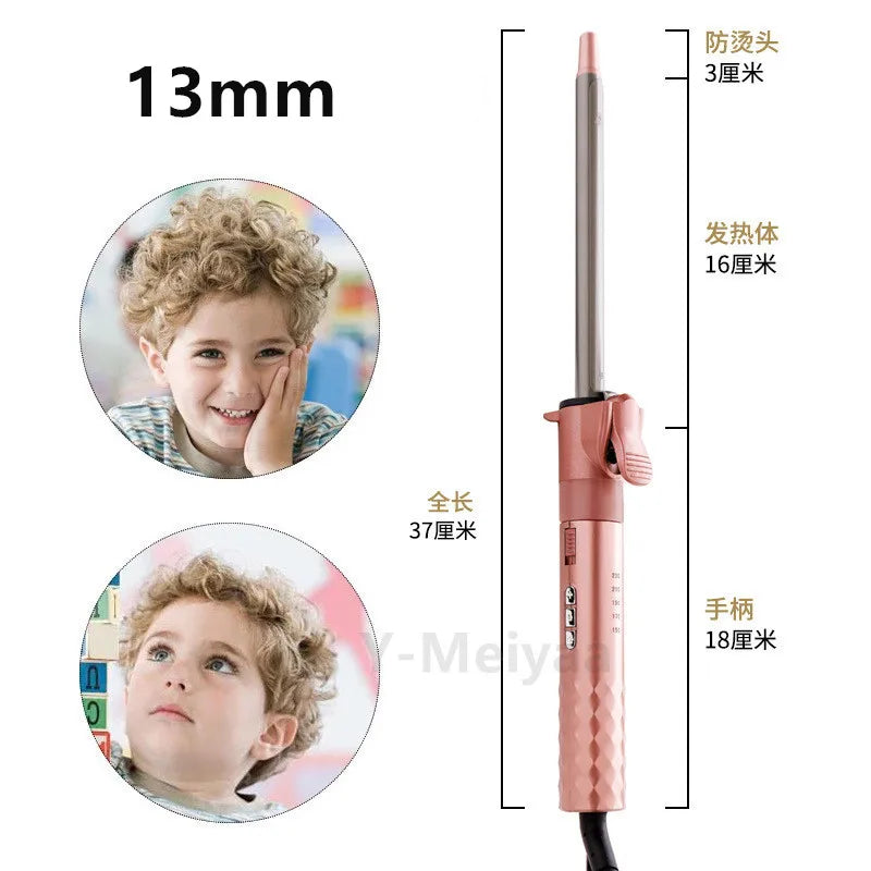 A professional ceramic hair curling iron with various sized barrels and a long shaft shown in multiple views.