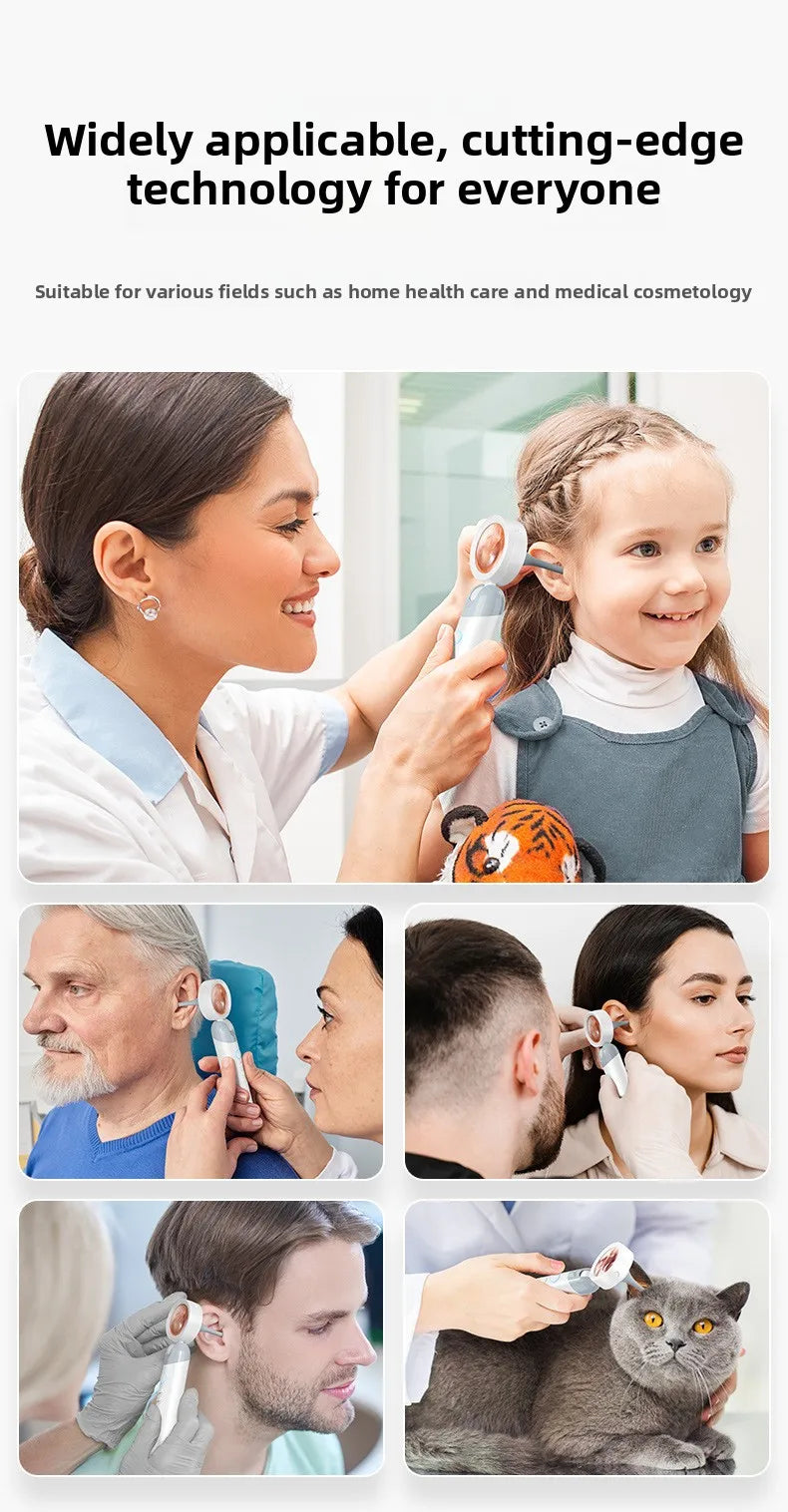 Various people and pets using a portable HD ear camera for detailed inspection.