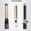 Three automatic curling sticks shown in different colors and finishes, demonstrating smooth curling without getting stuck.