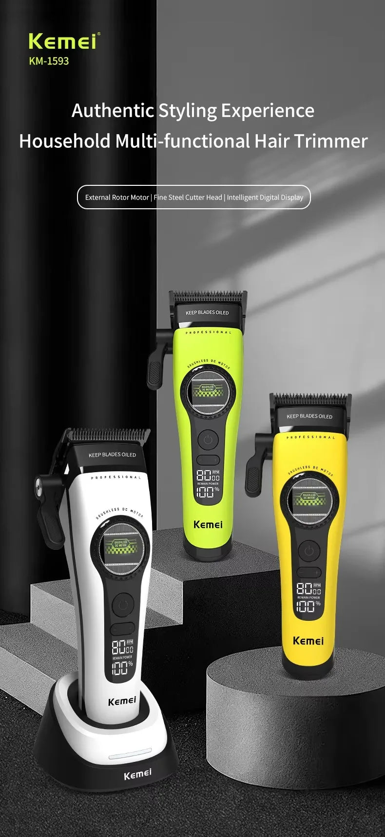 A yellow and black Kemei household multi-functional hair trimmer is displayed on a dark background.