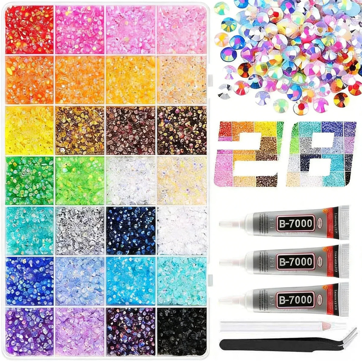 A collection of mixed color resin powders and glitter in various shades displayed in a grid format.