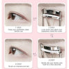 Guide en quatre étapes pour utiliser un recourbe-cils rose professionnel avec un peigne sur un œil.