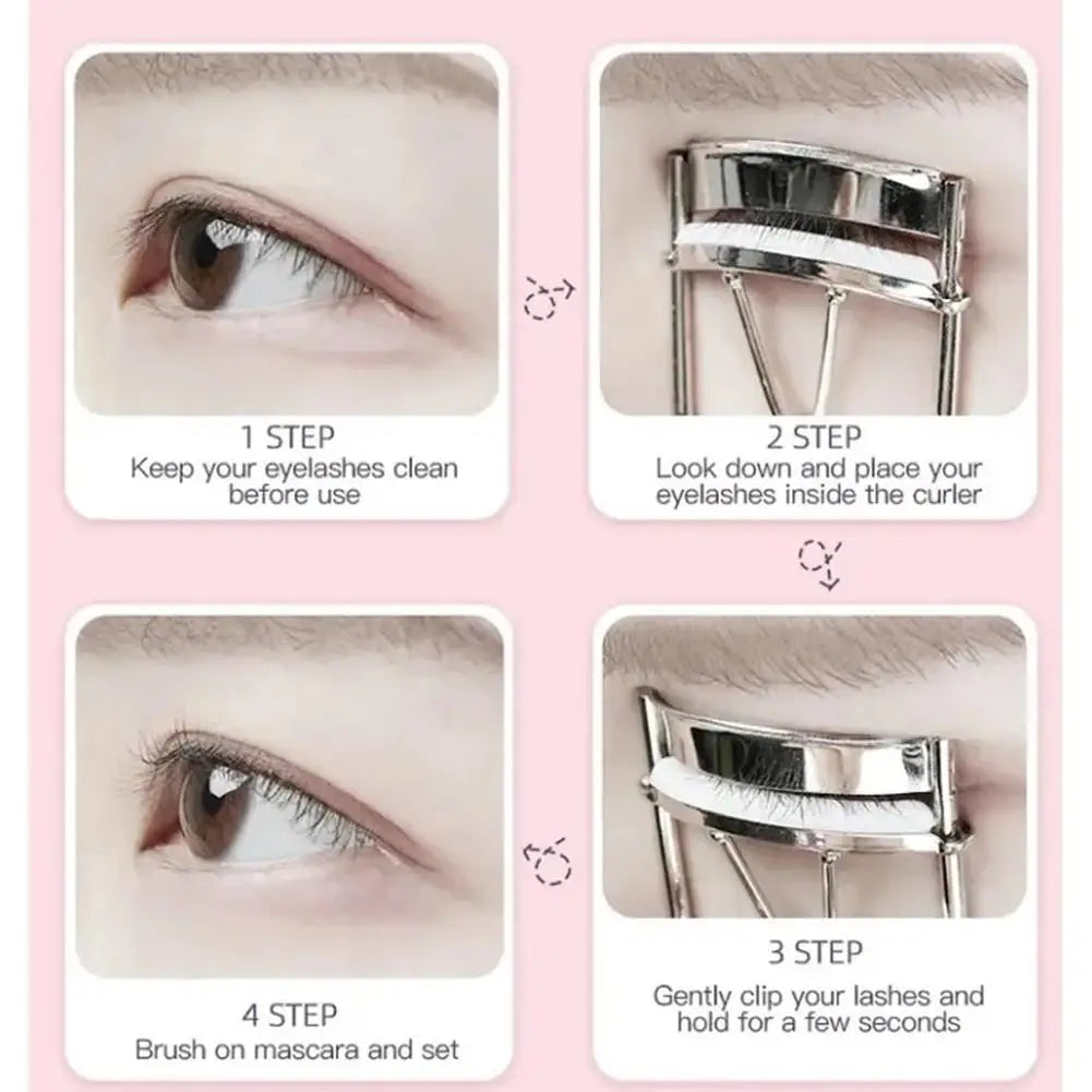 Guide en quatre étapes pour utiliser un recourbe-cils rose professionnel avec un peigne sur un œil.
