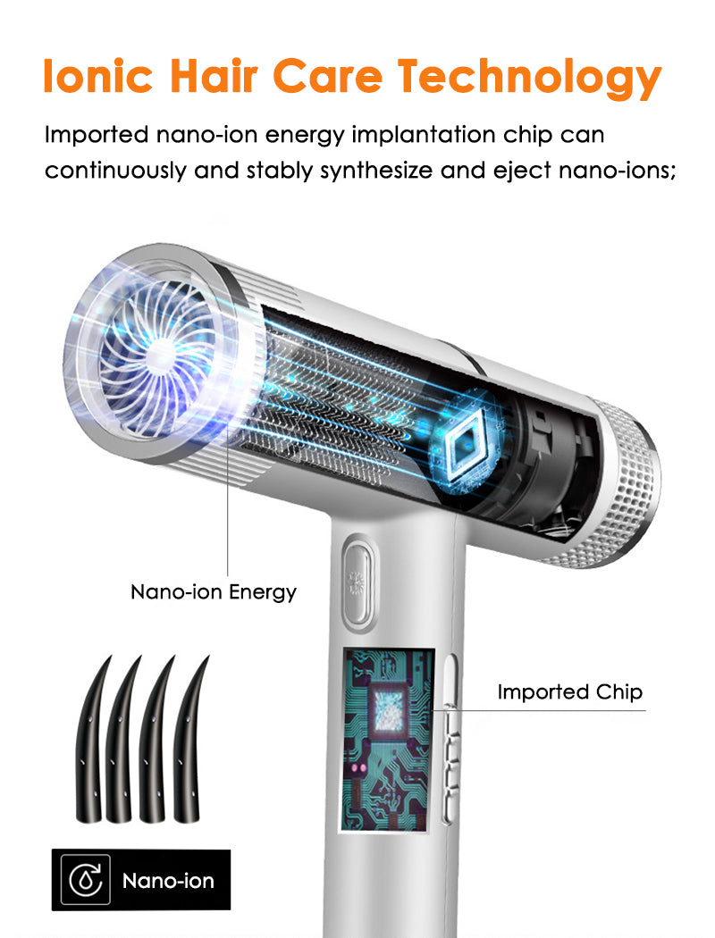 A silver hair styling tool featuring an imported chip for ionic hair care technology.