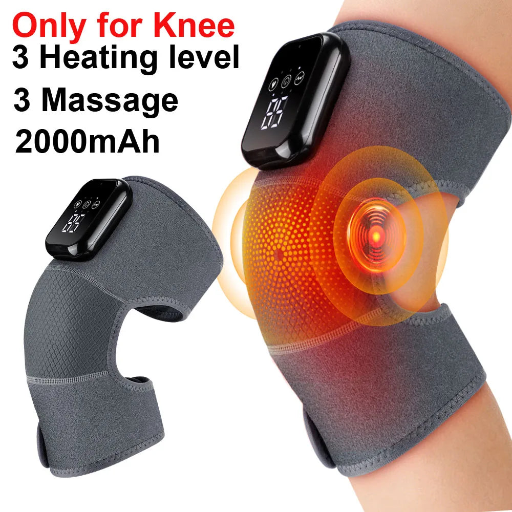 Graues, beheiztes Knie-Massagergerät auf dem Bein einer Person, das Massagebereich hervorhebt.