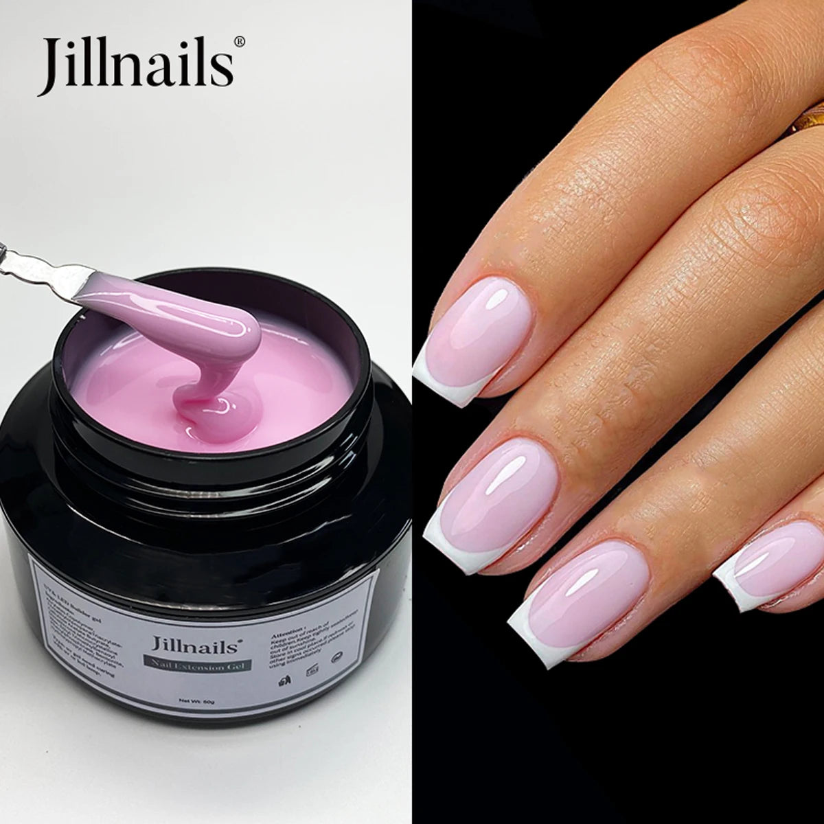 Un pot de constructeur de gel liquide rose pour extensions d'ongles, avec une spatule cosmétique.