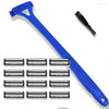 A blue manual foldable men's body shaver razor with a black handle and multiple blades.