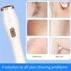 A white electric hair trimmer shown next to before and after images demonstrating its use for shaving problems.
