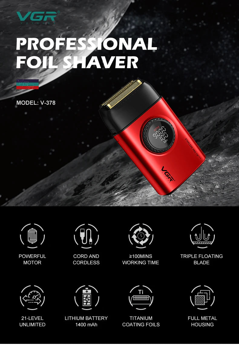 A red VGR professional foil shaver with a gold trim, shown against a dark, textured background.