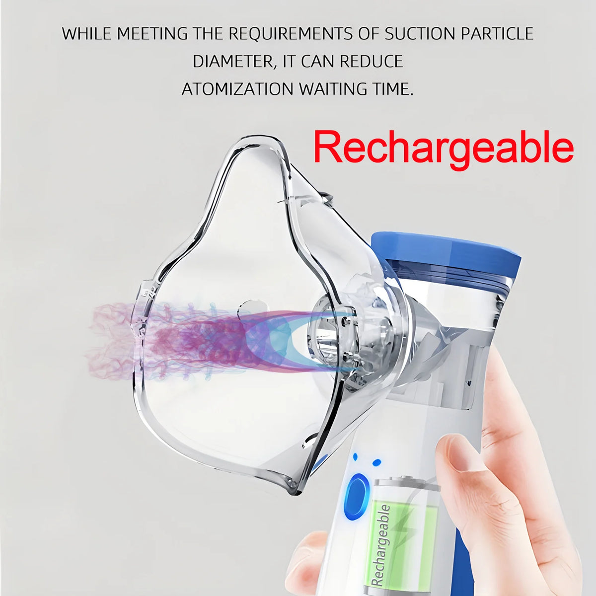 A hand holds a clear, rechargeable portable silent nebulizer inhaler device.