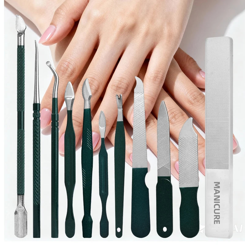 A hand holds a professional stainless steel nail care kit with various tools for manicure and pedicure.