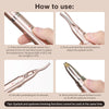 Instructions for using a rose gold electric heated eyelash curler and eyebrow trimmer device.
