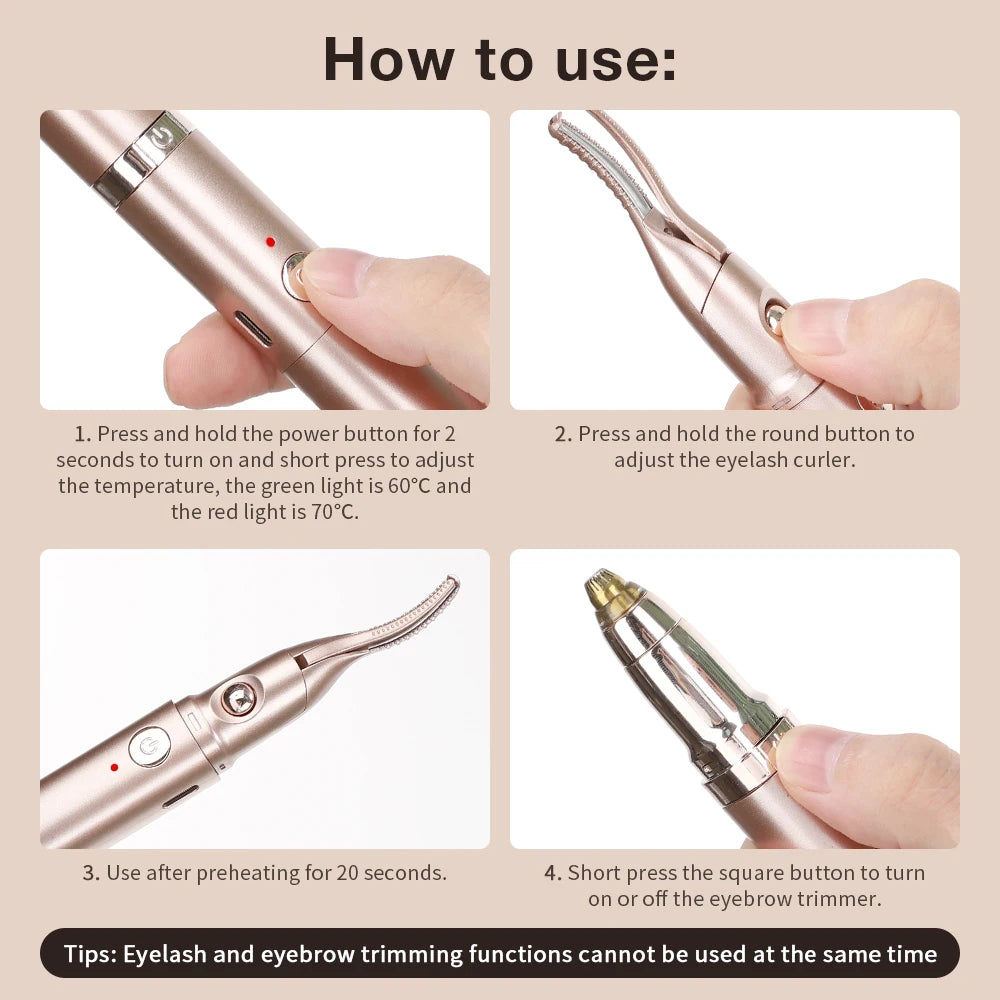 Instructions for using a rose gold electric heated eyelash curler and eyebrow trimmer device.