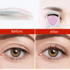 Before and after comparison showing an electric heated eyelash curler used to curl eyelashes.