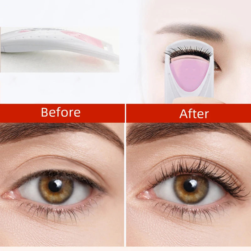 Before and after comparison showing an electric heated eyelash curler used to curl eyelashes.
