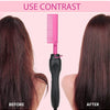 Before and after comparison of a pink electric hot comb hair straightener on dark brown hair.