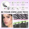 A comparison graphic showing fluffy natural lashes versus skin-friendly lash materials, alongside a close-up of a finished la
