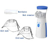 A white portable mesh nebulizer kit showing a mouthpiece, adult mask, and child mask.