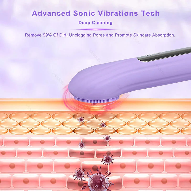 A purple sonic vibration facial cleansing brush is shown cleaning pores on a cross-section of skin.