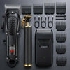 A black cordless hair grooming kit with various attachments and combs displayed on a dark surface.