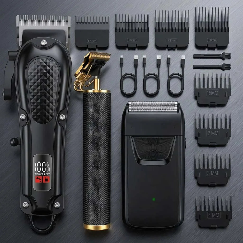 A black cordless hair grooming kit with various attachments and combs displayed on a dark surface.