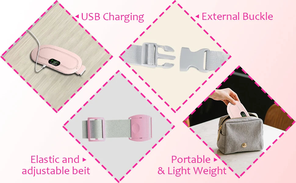Various forms of a portable heated massage belt including USB charging, an external buckle, and an elastic adjustable belt.