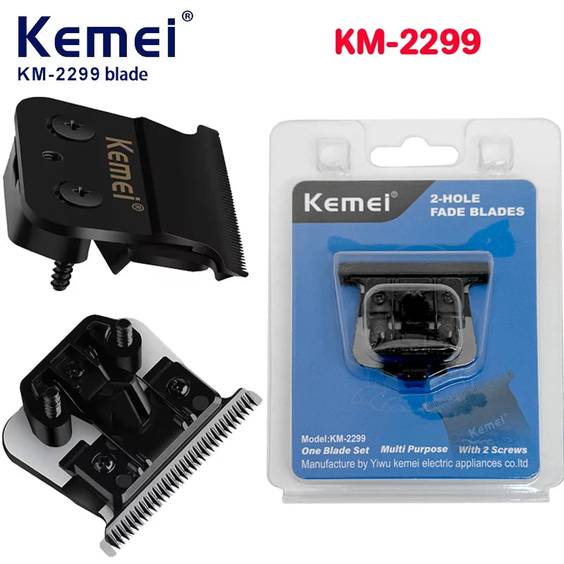 A set of Kemei 2-hole fade blades for a trimmer, including a black blade and mounting components.