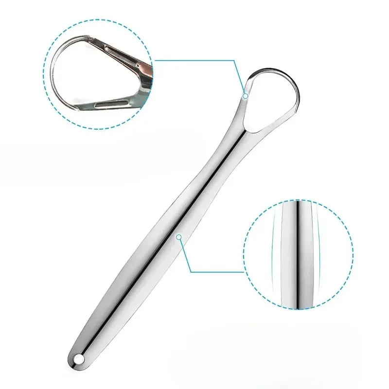 A stainless steel tongue scraper set showing the handle and scraping tool components.
