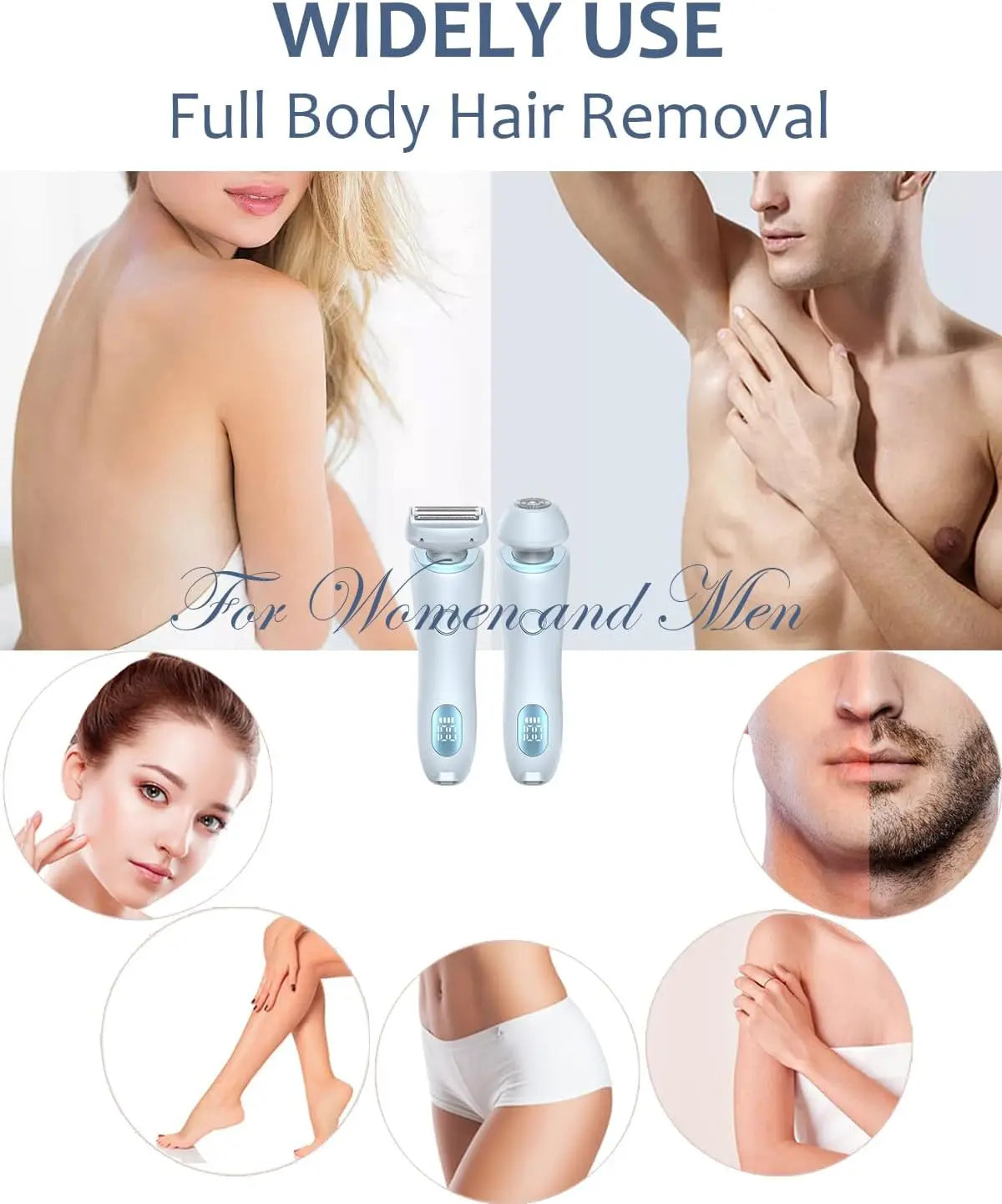 A set of two electric shavers for facial and body hair removal shown alongside various application areas.