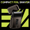A compact foil shaver in a bronze finish is shown with its protective cover removed, against a black background.