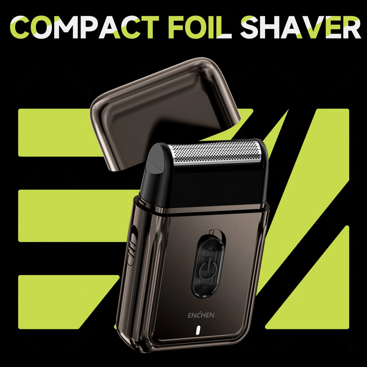 A compact foil shaver in a bronze finish is shown with its protective cover removed, against a black background.